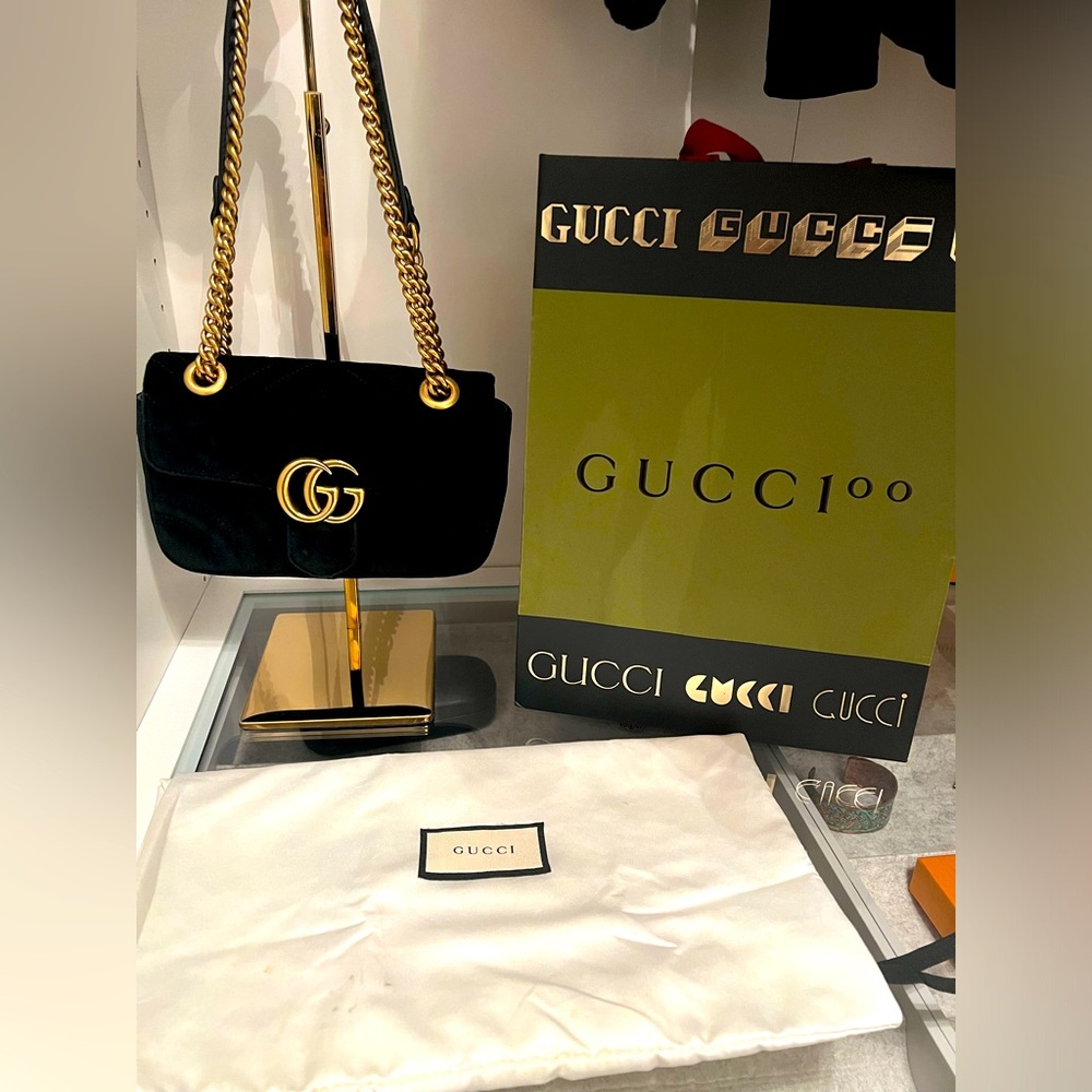 Gucci Black Matelassé Velvet Small GG Marmont Shoulder Bag